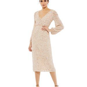 Mac Duggal 107641 Sequined‎ Illusion Puff Long Sleeve V Neck Midi Tea Length 6